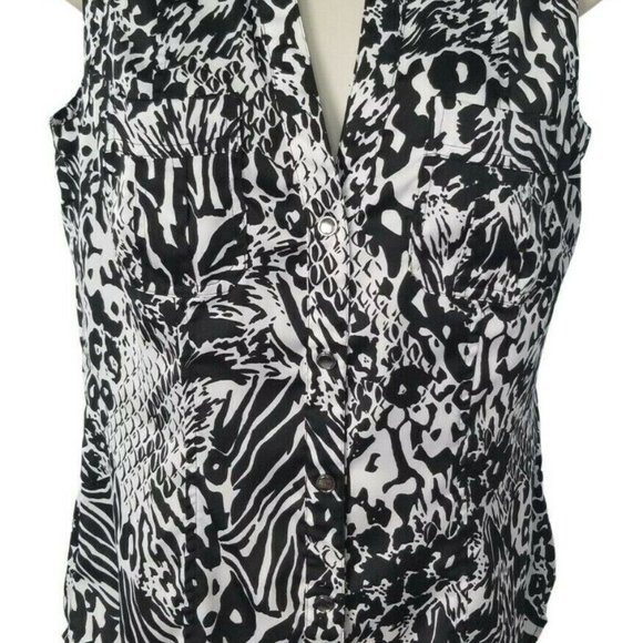 Notations Women Henley Blouse Top Animal Leaf Print Snap Front Button Black Whit - Picture 7 of 7